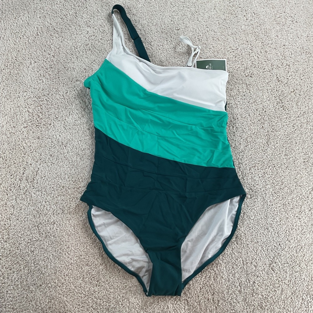 Eomenie Womens Med One Shoulder Colorblock Ruched One Piece Swimsuit Green White